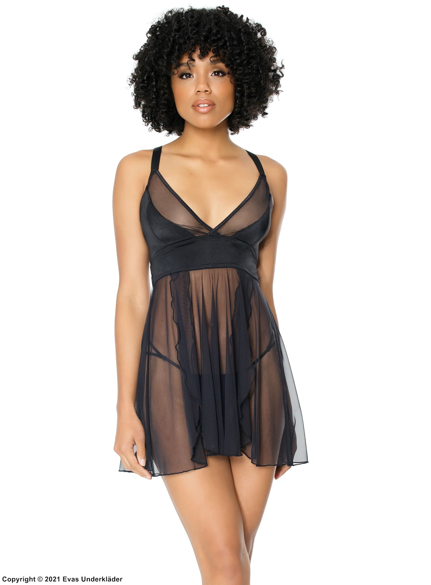 Romantisches Babydoll, Nylon, transparente Einlagen, Schlitz, Band auf der Rückseite